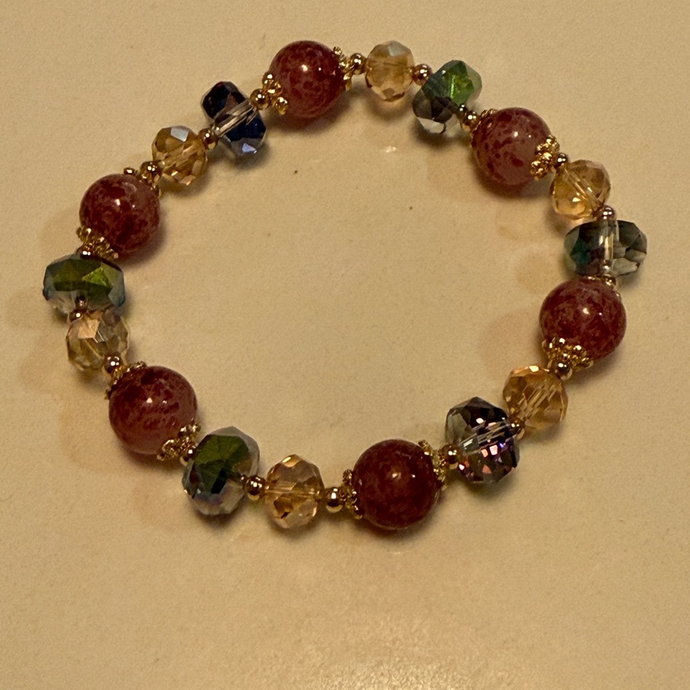 Handmade Gold-Finish Stretch Bracelet with Red and Multicolor Beads